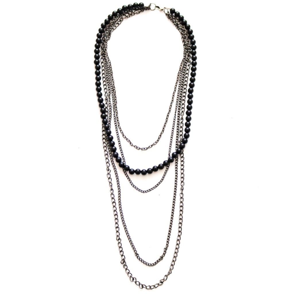 Silver Tone Black Bead Multi Strand Chain Layered Necklace